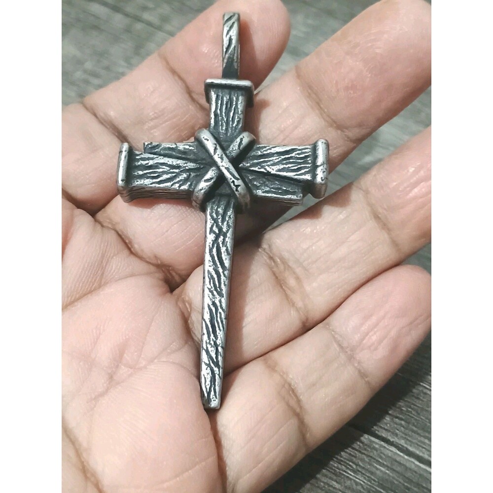 Gothic Silver Black Tone Cross Of Nails Brutalist Pendant
